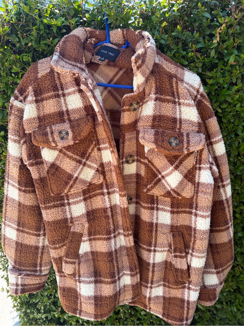Love Tree Brown and Cream Plaid Sherpa Jacket